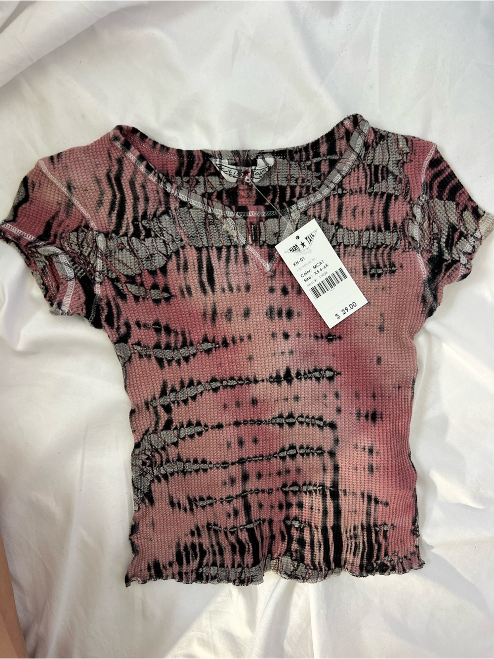 NWT Womens HARD TAIL Pink/Black Tie Dye Boho Thermal Tee